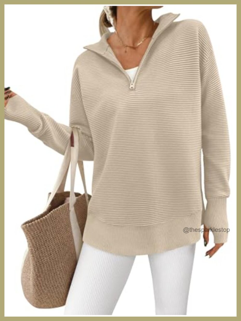 Womens Ribbed Knit Quarter Zip Pullover Sweater Loose Fit Thumbhole